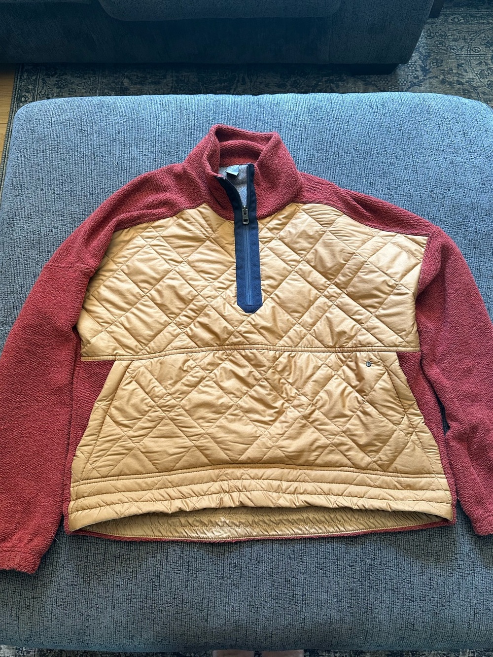 Prana Quilted Front Half-Zip Pullover in Rust Red & Tan